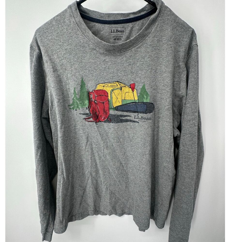 LL Bean Men's Medium Gray Long Sleeve T-Shirt‎ Camping Outdoors Graphic Shirt